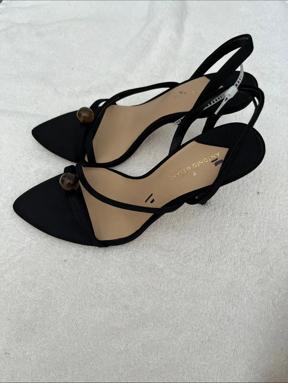 ANTONIO MELANI Black Strappy Slingback Heels with Decorative Bead